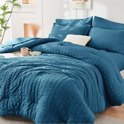 HYMOKEGE Teal California King Comforter Set Seersucker 7 Pieces, All Season Luxury Bed in a Bag for Bedroom, Bedding Set with Comforters, Sheets, Pillowcases & Shams