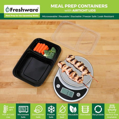 Freshware Meal Prep Containers - 50 Count 2-Compartment Food Storage Bento Boxes | BPA-Free, Stackable, 28 oz