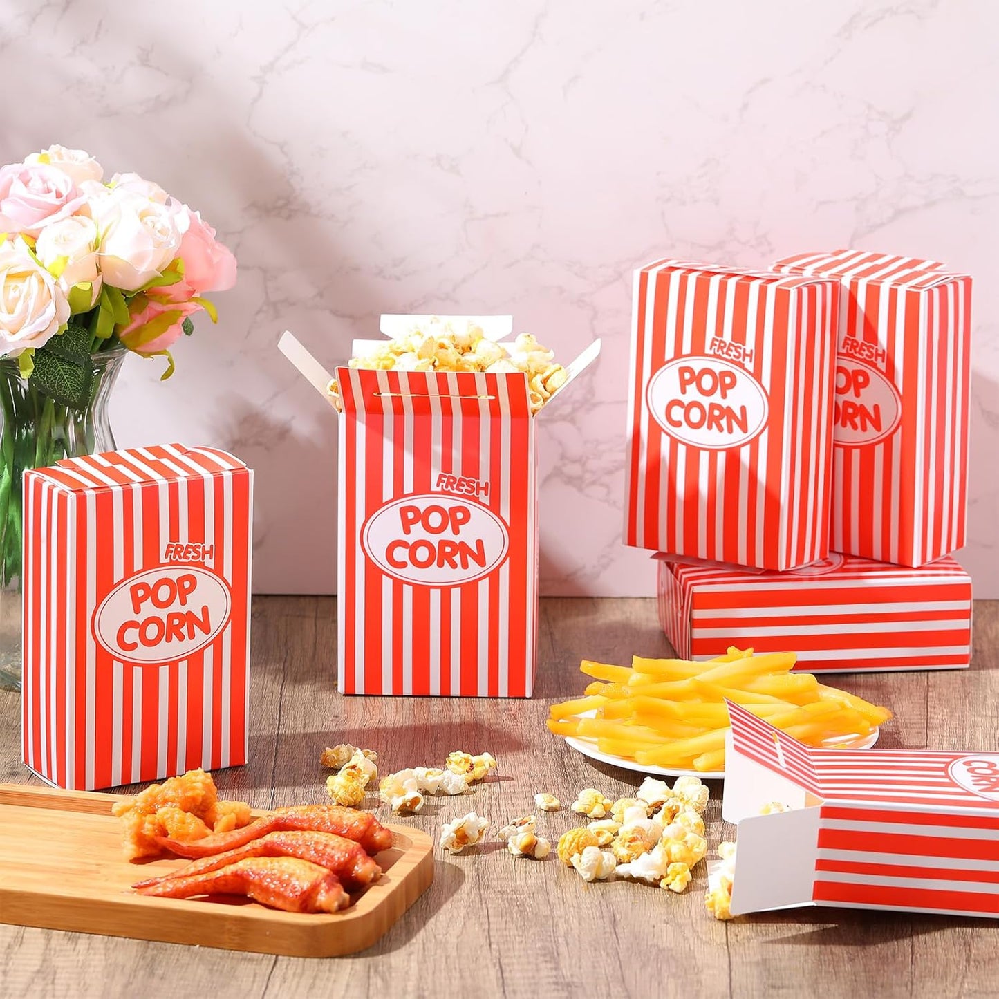 Xinnun 300 Pcs Disposable Popcorn Boxes - Oil Proof, Leak Proof, 1 oz Striped Containers | 6 x 4 x 2 Inch Red for Parties & Movie Nights