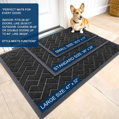 OLANLY Indoor Outdoor Front Door Mat - Waterproof All-Weather Doormat, Easy Clean Herringbone Design (Black, 59x35)