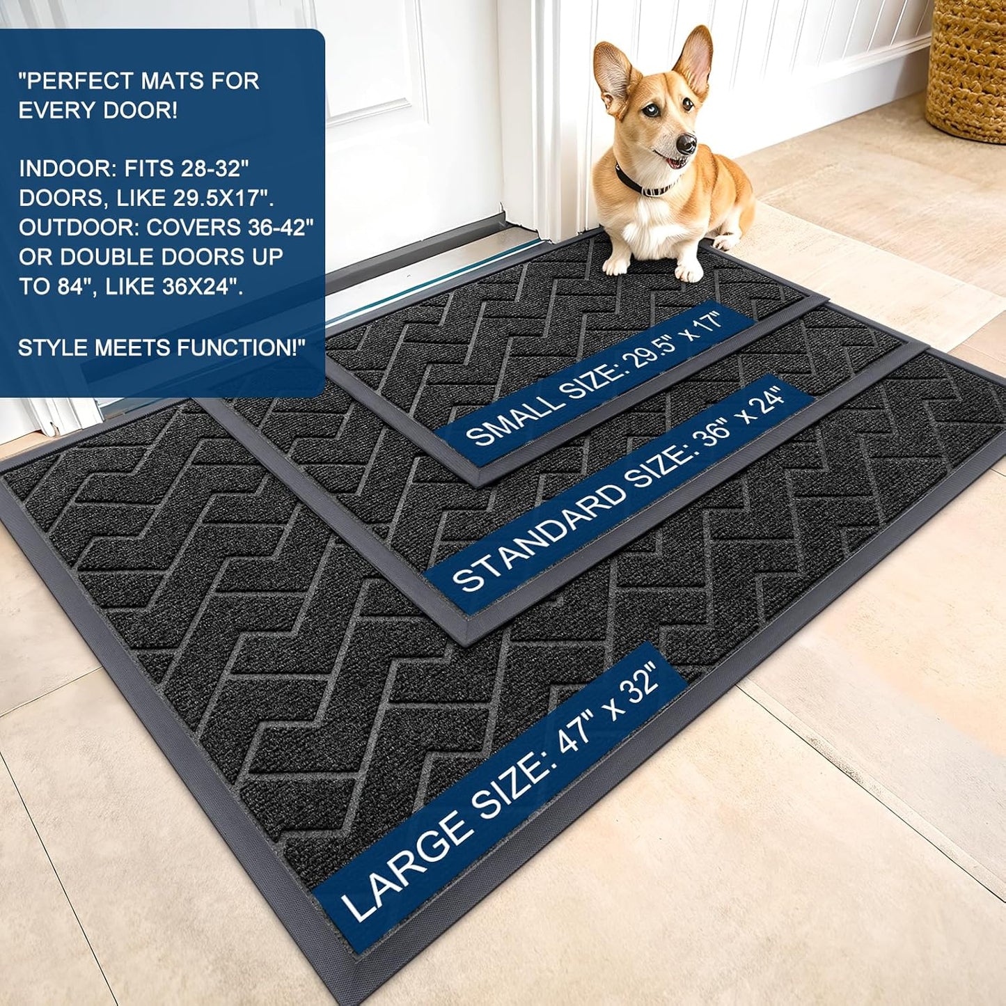 OLANLY Waterproof Front Door Mat - All-Season Indoor/Outdoor Doormat | Low Profile, Easy Clean, Herringbone Brick (Black, 71x23)