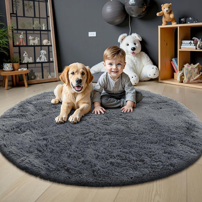 OLANLY Grey Round Area Rug - Soft, Fluffy, Machine Washable 7 ft Circle Carpet for Bedroom & Living Room Decor