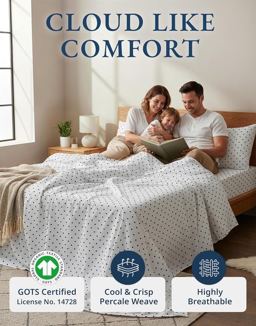 LANE LINEN Twin XL Sheets Set - 100% Organic Cotton, Breathable Percale, 3-Piece - Black Polka Dot