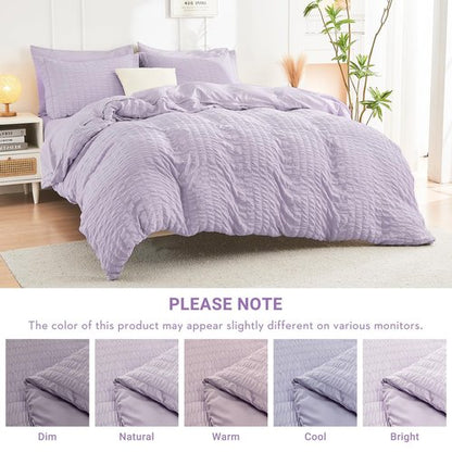 HYMOKEGE Lavender California King Comforter Set Seersucker 7 Pieces, All Season Luxury Bed in a Bag for Bedroom, Bedding Set with Comforters, Sheets, Pillowcases & Shams