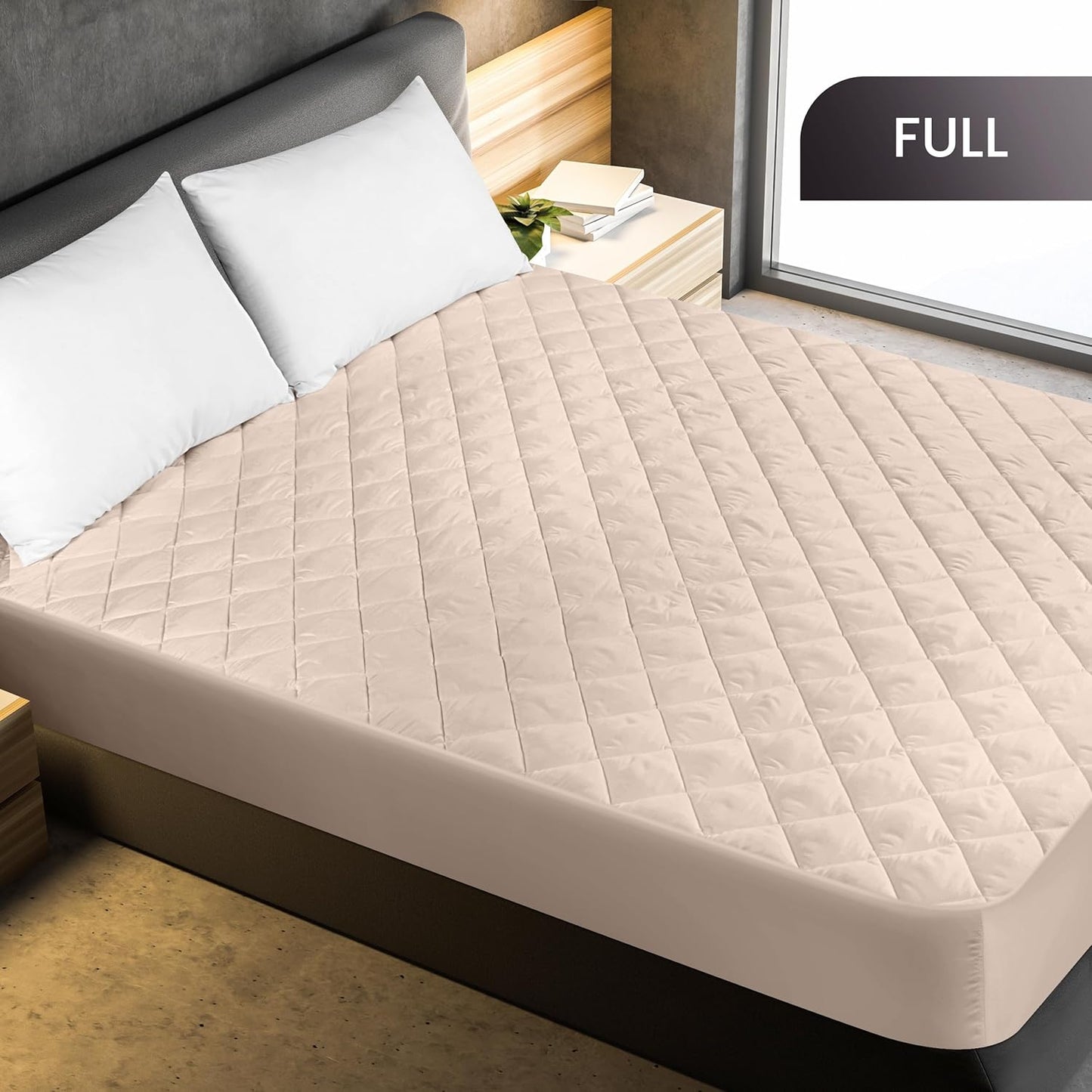 Utopia Bedding Quilted Fitted Mattress Pad - Full Size, Elastic Cover, Machine Washable, 16-Inch Deep (Beige)