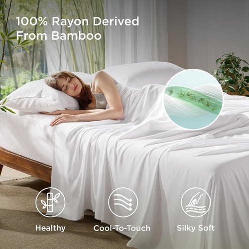 Bedsure Cooling Full Size Bed Sheets - Breathable Rayon from Bamboo, Deep Pocket Up to 16", Soft White