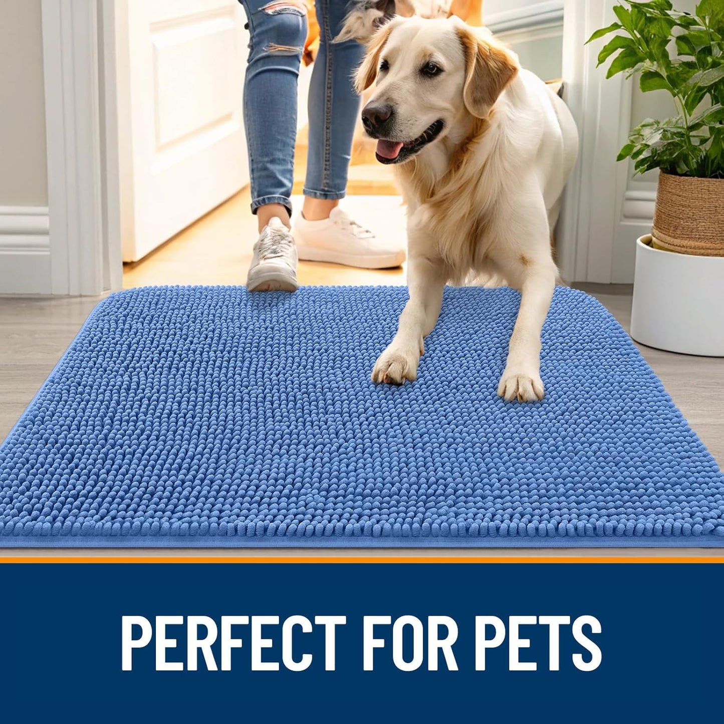 OLANLY Dog Door Mat - Absorbent Non-Slip Mud Mat for Indoor Use | Quick Dry Chenille, 34x21, Cornflower Blue