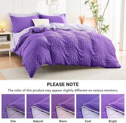 HYMOKEGE Full Size Comforter Set - Dark Purple & Lavender Seersucker | 7-Piece All-Season Luxury Bedding Set