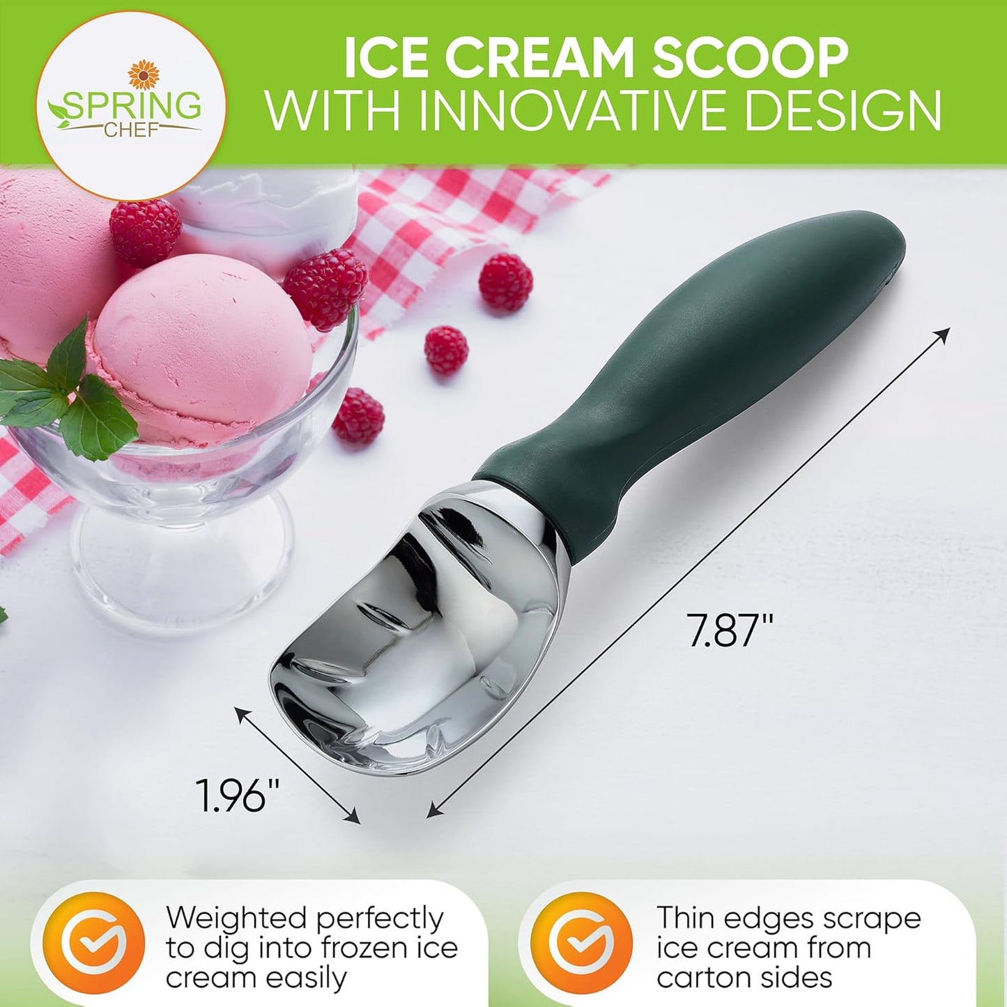 Spring Chef Ice Cream Scoop - Heavy Duty Soft Grip Handle for Gelato, Sorbet & More - Pine Green
