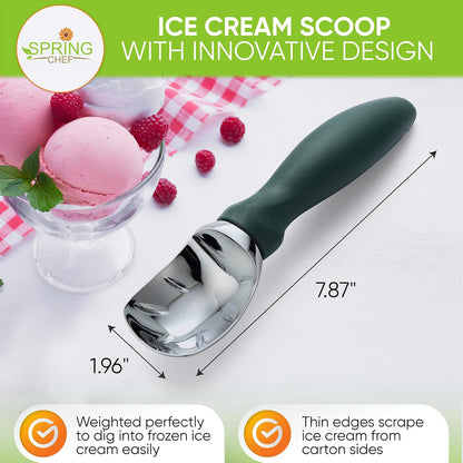 Spring Chef Ice Cream Scoop - Heavy Duty Soft Grip Handle for Gelato, Sorbet & More - Pine Green