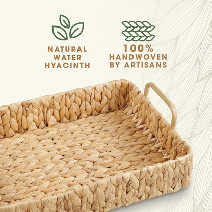Natural Wicker Trays Set of 2 - Decorative Rectangular Trays with Handles for Coffee Table & Living Room
