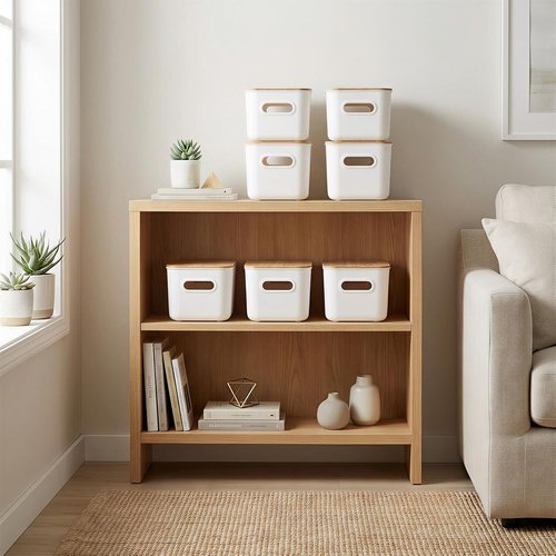 Citylife Storage Bins - Stackable 7QT Plastic Organizer Boxes with Bamboo Lids | 4 Pack, 10" L x 7" W x 5.8" H