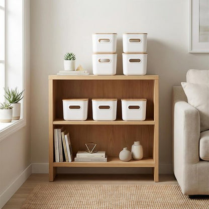 Citylife Storage Bins - Stackable 7QT Plastic Organizer Boxes with Bamboo Lids | 4 Pack, 10" L x 7" W x 5.8" H