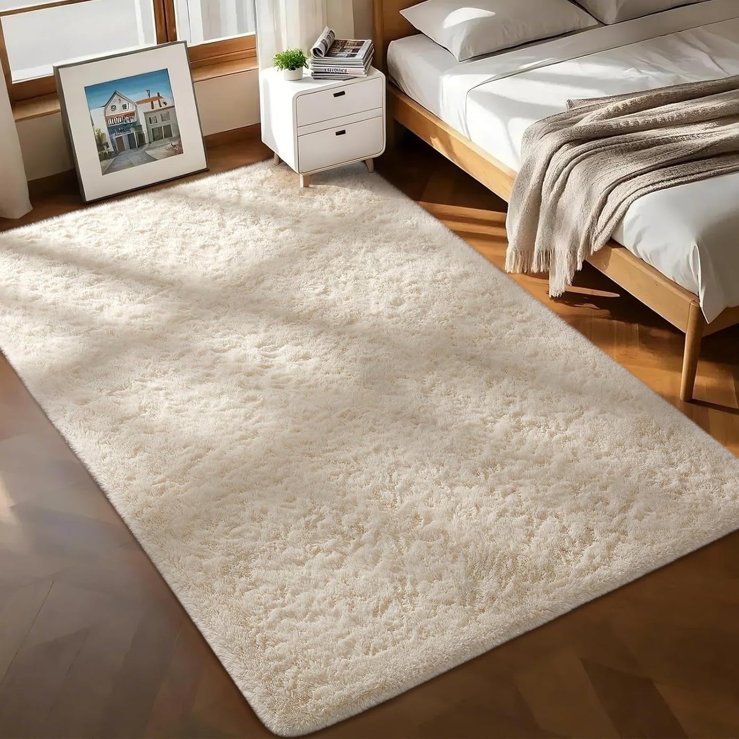 Ophanie Area Rugs - Soft Non-Slip Fluffy Shag Carpet for Living Room & Bedroom - Ivory 7x10 Size