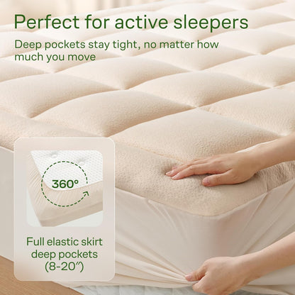 Skiennix Ultra Soft Queen Size Mattress Topper - Bamboo Viscose Pillow Top for Full Body Support | Naturally Cooling, Beige