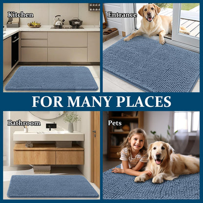 OLANLY Dog Door Mat - Absorbent Non-Slip Washable Chenille Mat for Muddy Paws | 47x24, Airy Blue