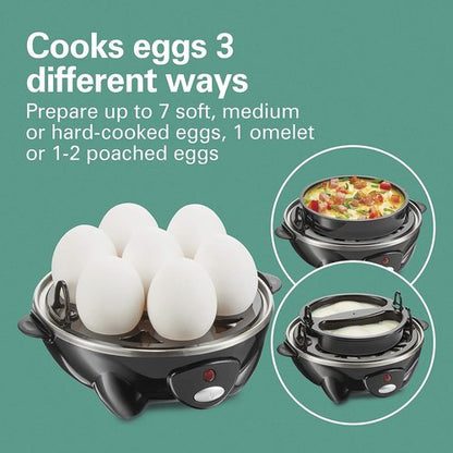 Hamilton Beach 3-in-1 Electric Egg Cooker - Hard Boiled, Poached & Omelet Maker, Black | Holds 7 Eggs