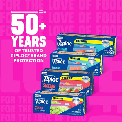Ziploc Quart Food Storage Slider Bags, Power Shield Technology for More Durability, 42 Count