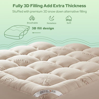 BEDLORE Twin XL Mattress Topper - Soft Viscose Bamboo Pillow Top with Deep Pockets for 6-15" Mattresses | Beige
