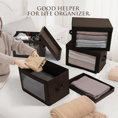 Homsorout Stackable Storage Bins - Medium Foldable Closet Organizer with Lids | 5-Pack Brown