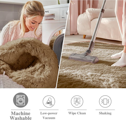 OLANLY Round Taupe Area Rug - Soft & Fluffy 6 ft Machine Washable Carpet for Bedroom & Living Room Decor
