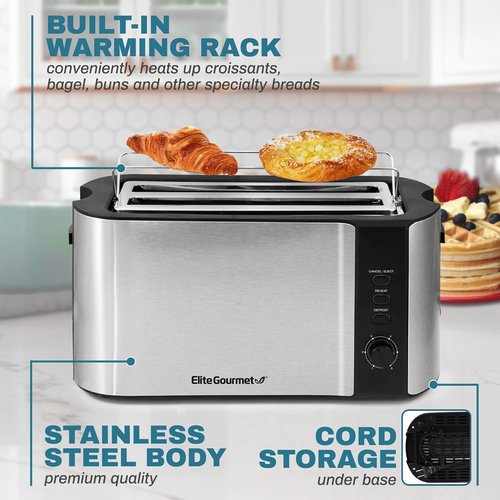 Elite Gourmet Long Slot 4-Slice Toaster - Extra Wide Slots, 6 Toast Settings, Stainless Steel & Black
