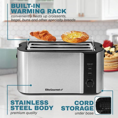Elite Gourmet Long Slot 4-Slice Toaster - Extra Wide Slots, 6 Toast Settings, Stainless Steel & Black