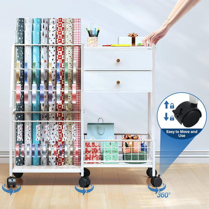 TC-HOMENY Wrapping Paper Organizer - Mobile Gift Wrap Rack with 2 Large Drawers & Ribbon Storage