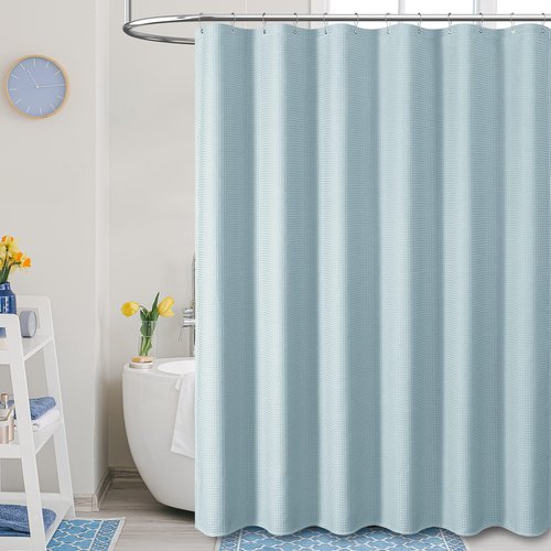 Dynamene Extra Wide Shower Curtain - 84 Inch Wide Waffle Weave Weighted Thick Cloth Bathroom Shower Curtain, Neutral Heavy Duty Hotel Bath Curtain Set with 14 Plastic Hooks, 84x72, Fog Blue