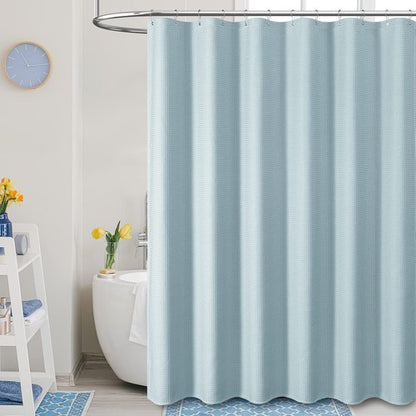 Dynamene Long Fabric Shower Curtain - Waffle Textured Tall Heavy Duty Cloth Shower Curtains for Bathroom, 256GSM Large Hotel Spa Luxury Bath Curtain Set with 12 Plastic Hooks(72Wx80H, Fog Blue)