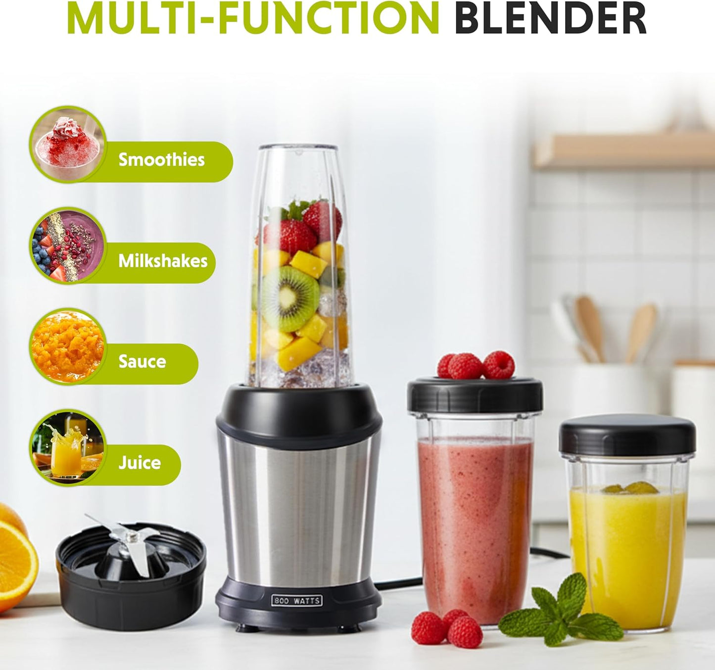 Simple Deluxe Smoothie Blender - 800W Personal Blender with 3 BPA-Free Portable Cups | Ice Crushing & Frozen Drinks, Silver