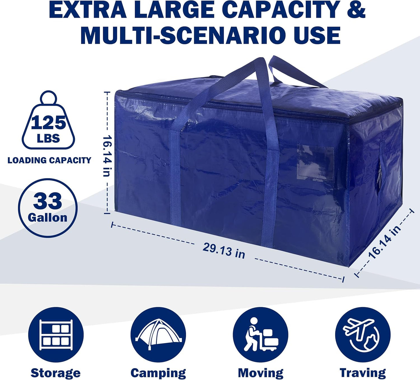 Skiennix Extra Heavy Duty Moving Bags - 12 Pack with Strong Zipper & Handles | 33 Gallon Dark Blue Storage Totes
