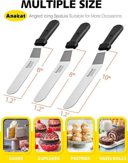 Anaeat Icing Spatulas - Set of 3 Professional Angled Offset Cake Spatulas | 6", 8", 10" Stainless Steel Blades