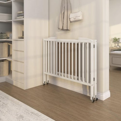 Dream On Me Full-Size 2-in-1 Folding Baby Crib in White, GreenGuard Gold & BSA, Portable, Patented Quick Folding System, Strong Wheels, 2 Adjustable Mattress Heights