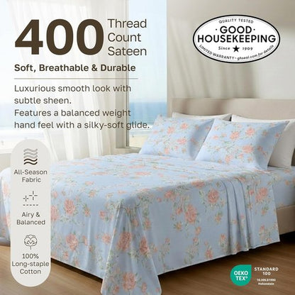 California Design Den King Size Bed Sheets Set - 400 TC Award-Winning Soft Cotton, Smooth Sateen Finish, Deep Pockets - Floral Blue/Pink