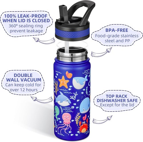 Fanhaw Kids Insulated Water Bottle - 18 Oz Stainless Steel, Leakproof & BPA Free | Blue Ocean Design