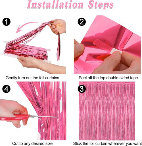 4 Pack Metallic Pink Birthday Backdrop - 3.28 FT x 7.05 FT Fringe Curtains for Parties | Bachelorette & Valentine's Decor