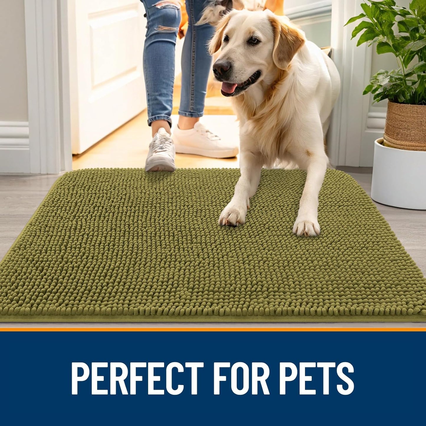 OLANLY Dog Door Mat - Absorbent Non-Slip Chenille for Muddy Paws | 59x32 Inches, Quick Dry, Willow Green
