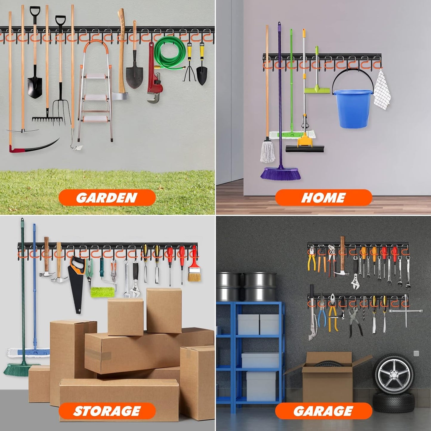 TVKB 68'' Adjustable Metal Garden Tool Organizer - Heavy-Duty Wall Mount Storage with Hooks