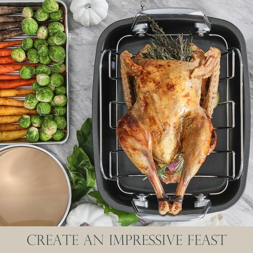 KITESSENSU Nonstick Turkey Roasting Pan - Heavy-Duty 17 x 14 Inch Chicken Roaster with Rack - Gold Finish