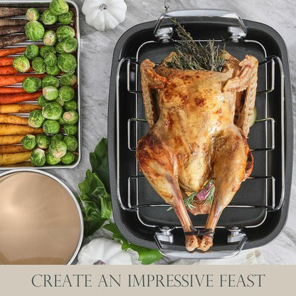 KITESSENSU Nonstick Turkey Roasting Pan - Heavy-Duty 17 x 14 Inch Chicken Roaster with Rack - Gold Finish
