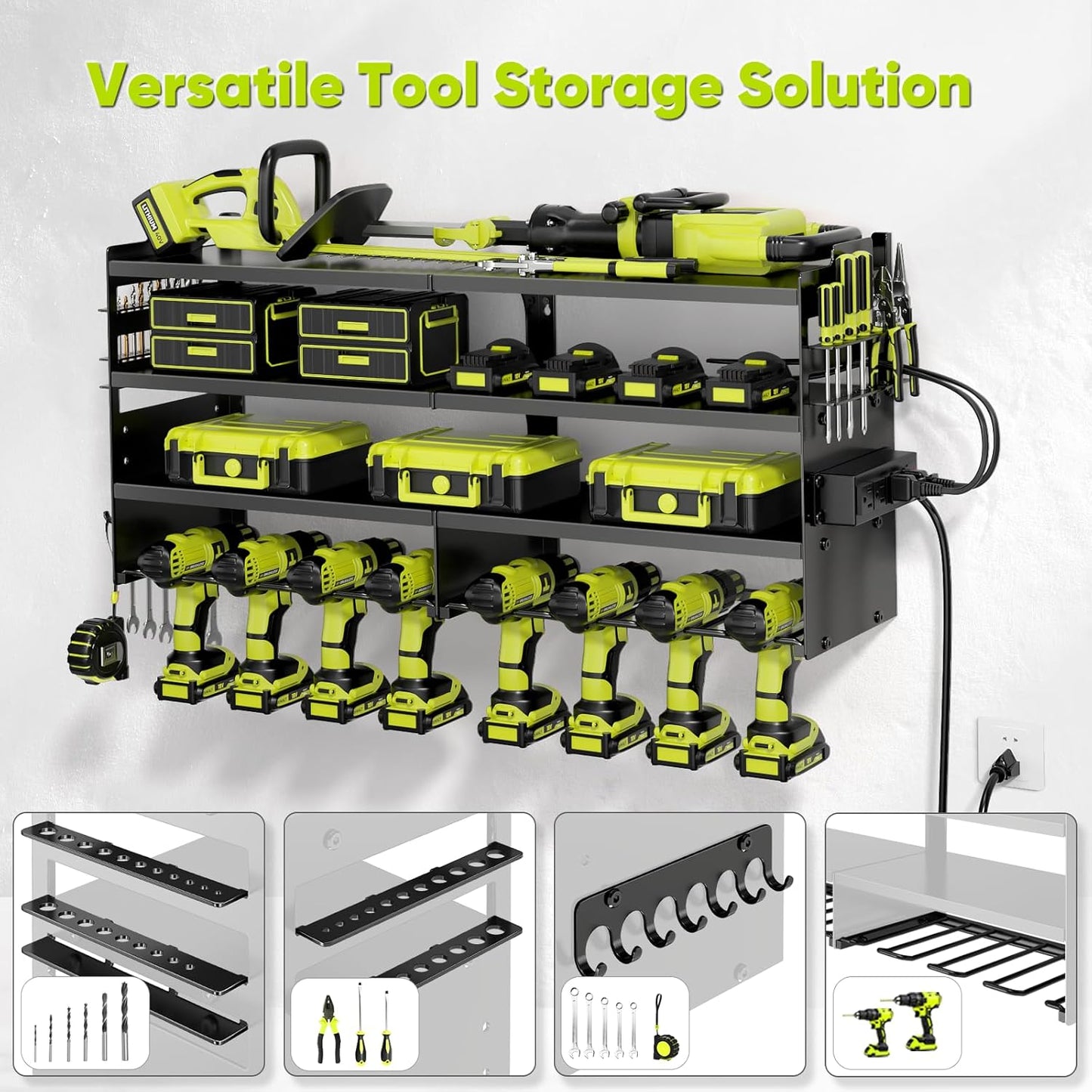 POKIPO Heavy-Duty Tool Organizer Wall Mount - 4-Layer Metal Rack with Charging Station & 8 Drill Holders