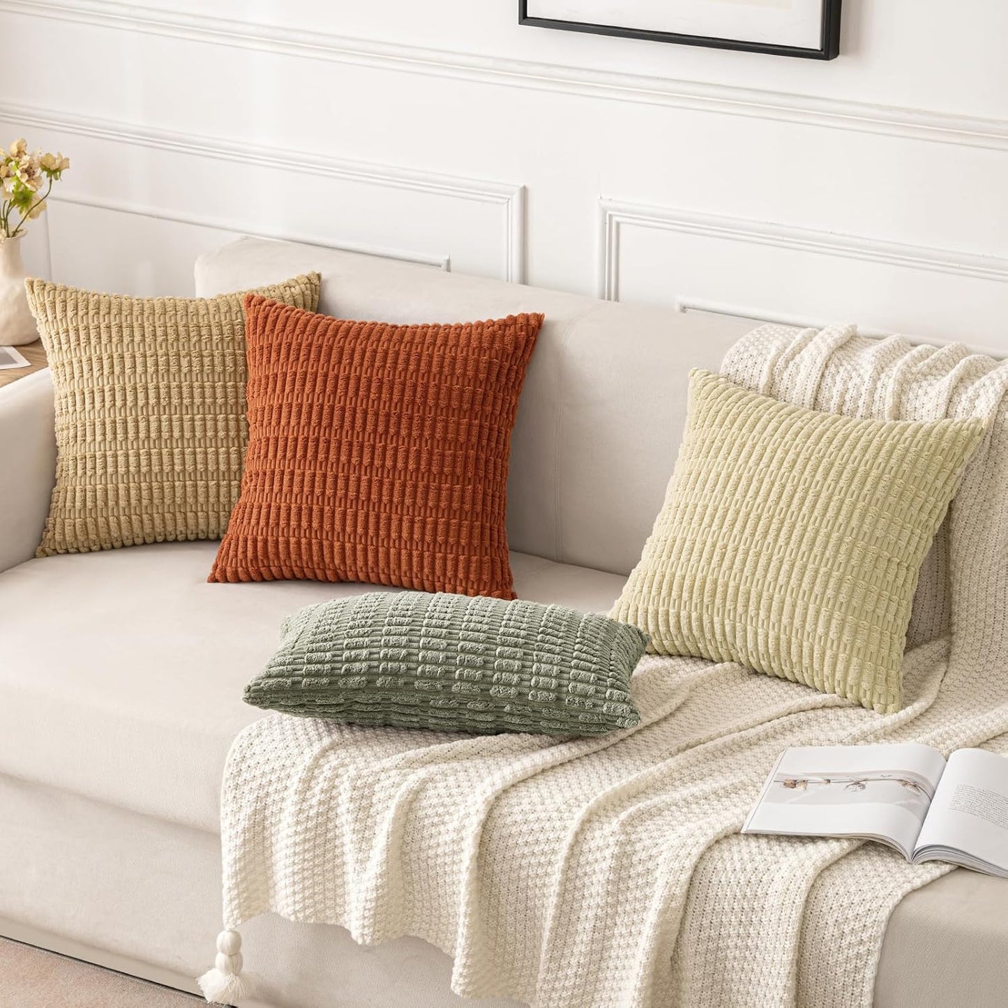 MIULEE Corduroy Throw Pillow Covers - Soft Boho Striped Design | 16x16 Inch Light Olive Green