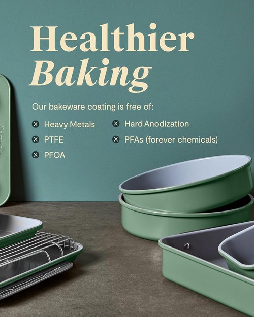 Caraway Nonstick Ceramic Bakeware Set - 11 Pieces with Assorted Pans & Cooling Rack - Non-Toxic, PTFE & PFOA Free - Cream