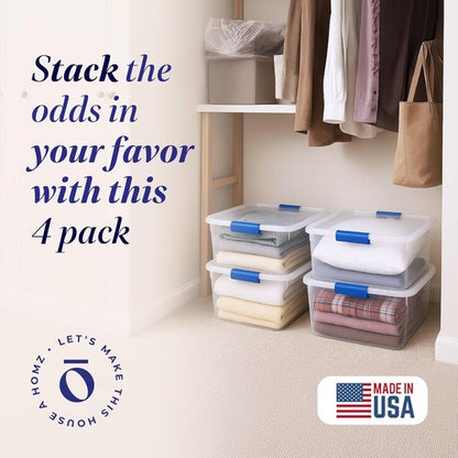 HOMZ 15.5 Quart Clear Plastic Storage Bins - 4-Pack Stackable Organizers for Home & Office