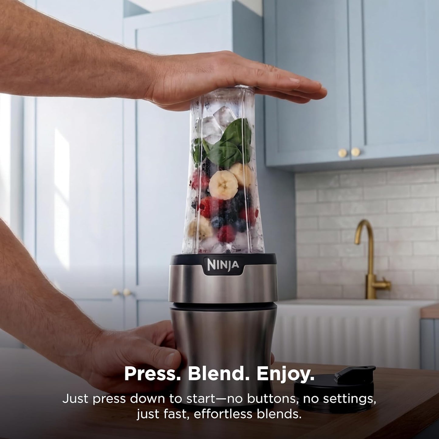 Ninja Nutri-Plus Personal Blender - Compact Push-To-Blend for Smoothies & Frozen Drinks | 3 To-Go Cups & Lids | 900 Peak Watts | Silver | BN301
