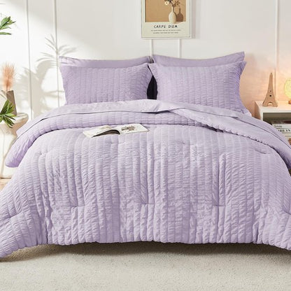 HYMOKEGE Lavender California King Comforter Set Seersucker 7 Pieces, All Season Luxury Bed in a Bag for Bedroom, Bedding Set with Comforters, Sheets, Pillowcases & Shams