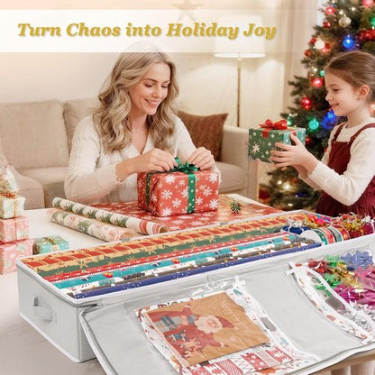 Criusia Gift Wrapping Paper Organizer - Durable Underbed Storage for 24 Rolls with Removable Dividers & Pockets | Grey