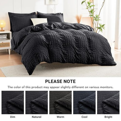 HYMOKEGE Black Twin Comforter Set Seersucker 5 Pieces, All Season Luxury Bed in a Bag for Bedroom, Bedding Set with Comforters, Sheets, Pillowcase & Sham