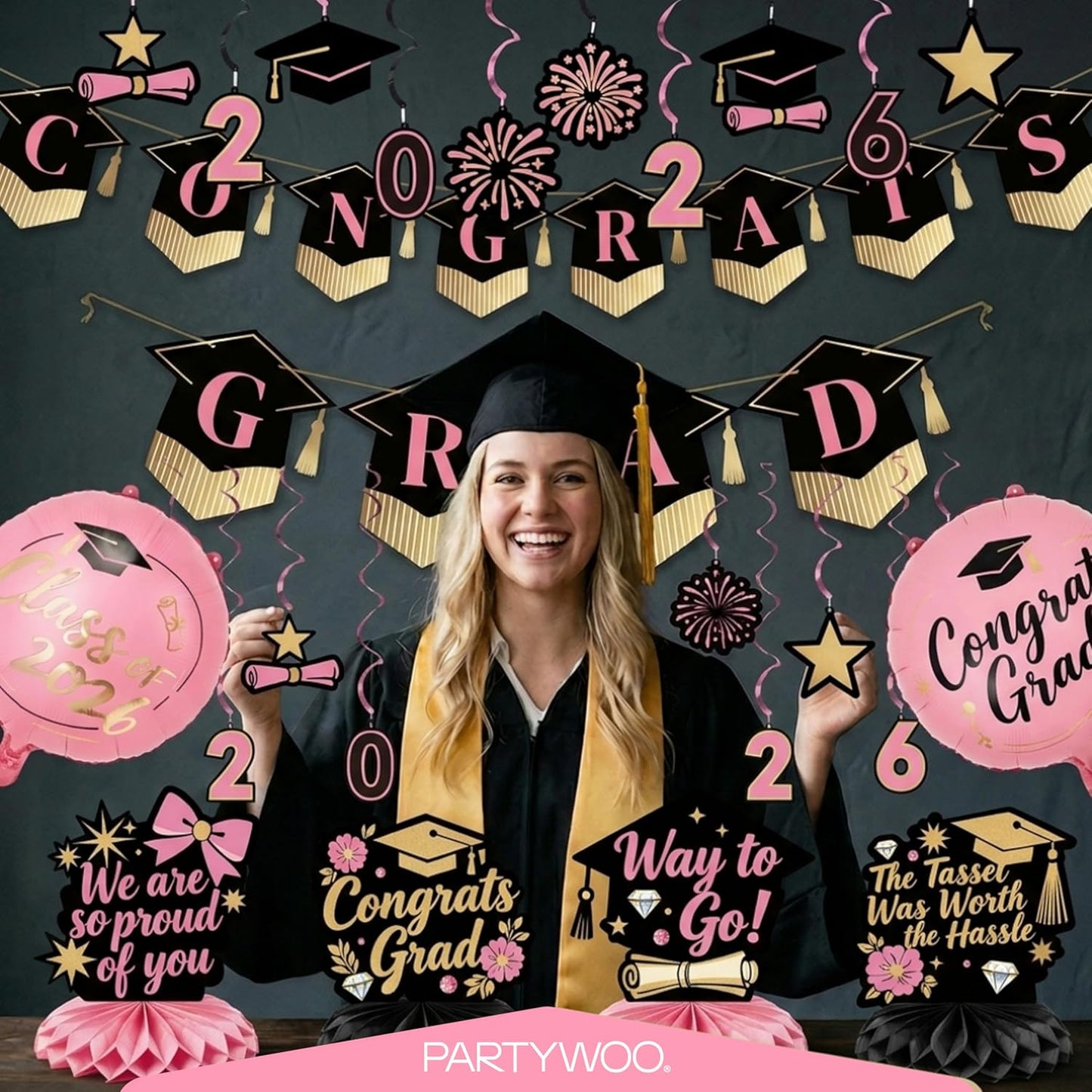 PartyWoo Graduation Banner - Class of 2026 Black Pink Gold Decorations | 2-Piece Set for Middle & High School Celebrations